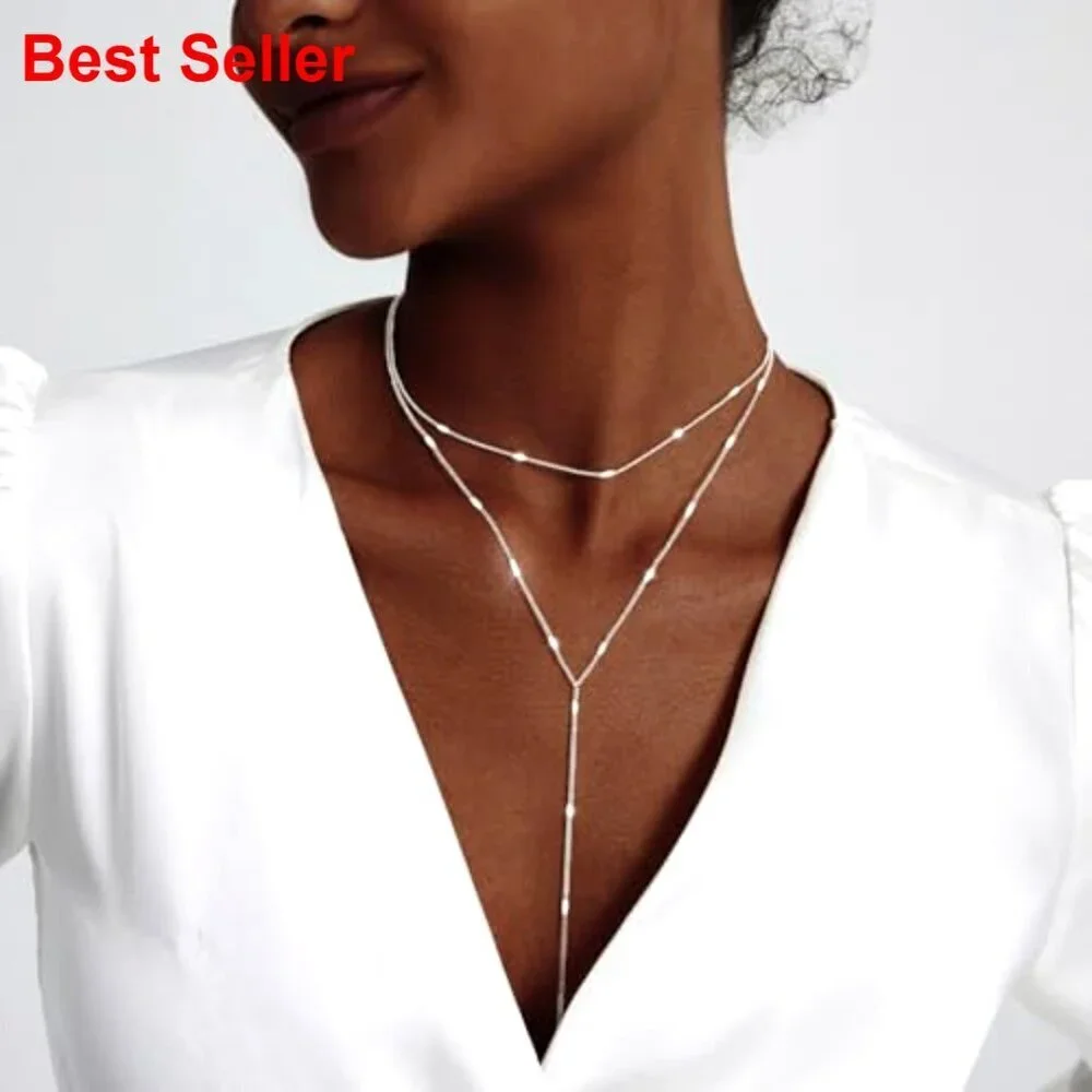 Silver-Layered Lariat Necklace with Y-Shaped Pendant, Adjustable Length